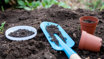 Blue gardening trowel, small pots, and seeds in soil with plants in background
