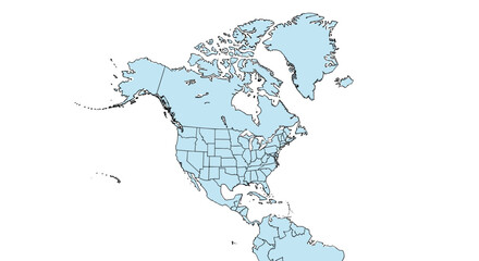 Obraz premium A light blue political map of North America showing the detailed borders of countries and states, on a white background.