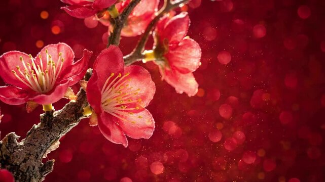 Vibrant red plum blossoms on a branch against a sparkling red bokeh background, symbolizing good fortune and new beginnings.