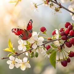 A butterfly resting on ripe berries with a luminous floral background