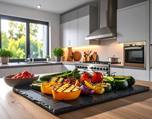 Fresh grilled vegetables arranged on a slate tray in a sunlit, modern kitchen setting
