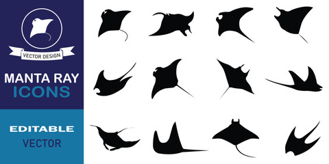 Manta ray silhouette icons isolated on white background. Sea life symbol collection. Eagle ray, stingray fish concept. Vector illustration.