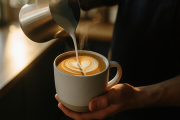 Barista pouring creamy milk into hot latte with heart shaped foam art in cozy warm light cafe atmosphere