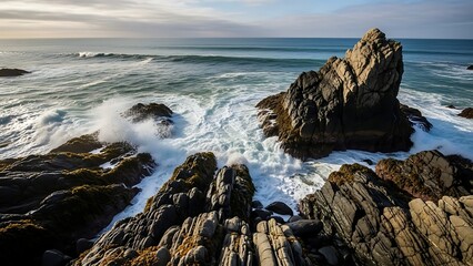 Dramatic waves crashing against rugged coastal rock formations under bright sunlight