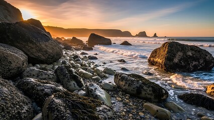 Dramatic Rocky Beach Landscape with the Ocean at Golden Hour
