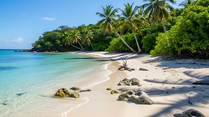 Pristine Tropical Beach Scene with Turquoise Water and Palm Trees