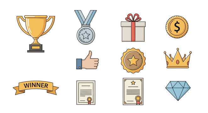 Collection of Award and Success Icons Featuring Trophy, Medal, Gift, Coin, Crown, and Diamond