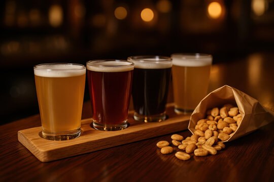 Craft beer flight with assorted ales and stout on wooden board beside spilled peanuts in cozy bar interior