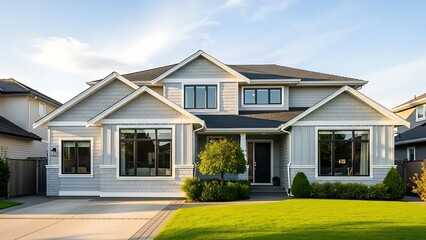 Obraz premium Beautiful Grey House with Manicured Lawn on a Sunny Day