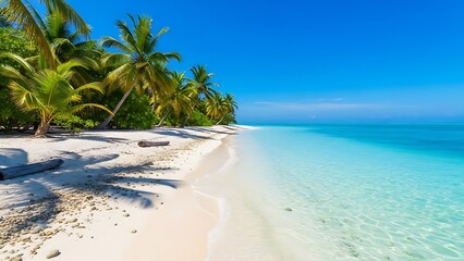 Pristine tropical beach paradise with turquoise water and clear blue skies