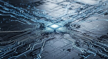 Highly detailed, futuristic image of a central microchip glowing brightly, surrounded by intricate blue light trails on a dark, reflective circuit board surface, representing high technology and proce