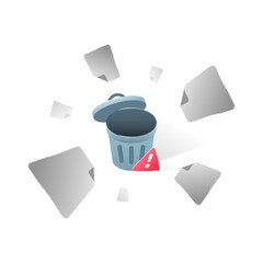 Illustration of multiple paper sheets flying into trash bin. delete all action, data removal, file cleanup, or permanent deletion. concept for ui alerts, confirmation dialogs, system warnings