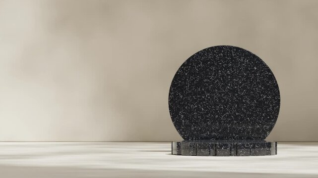 3d video rendering template mockup of black marble round podium seamless loop shadow animation with textured cream wall and floor