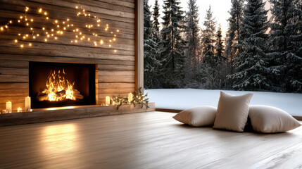 Obraz premium Cozy fireplace wooden cabin winter pillows