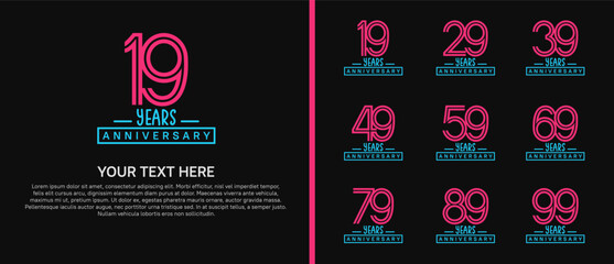 anniversary logo set. purple and blue color on black background for celebration moment