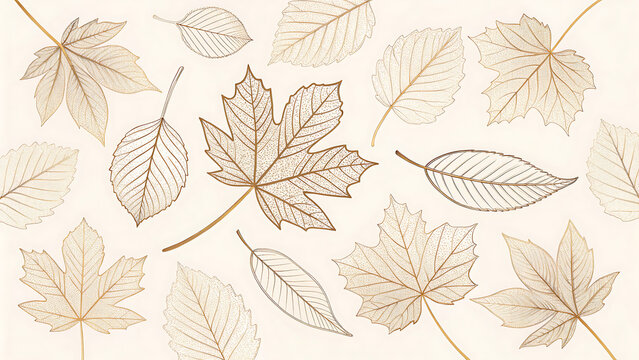 Collection of various autumn leaves in delicate gold line art style, isolated on white background