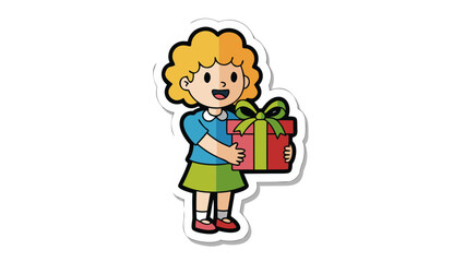 Obraz premium Joyful young girl with curly blonde hair wearing a blue shirt and green skirt holding a red gift box with a green ribbon on a black background a sticker illustration