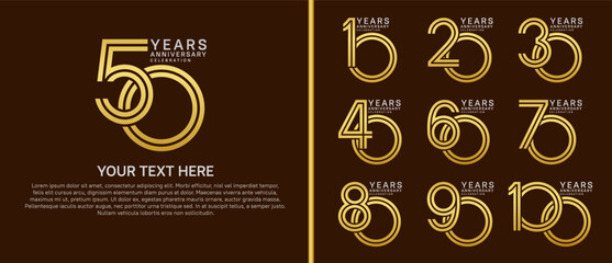 anniversary logo set multiple line style. gold and silver color on brown background for celebration moment