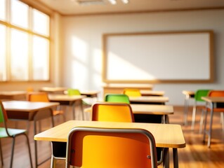 Blurry empty school classroom interior with desks, chairs, and whiteboard. Clean modern learning space without students or teacher, perfect for education concepts, backgrounds, and academic visuals.