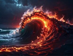 Fiery wave crashes, fiery colors dominate, stormy skies loom