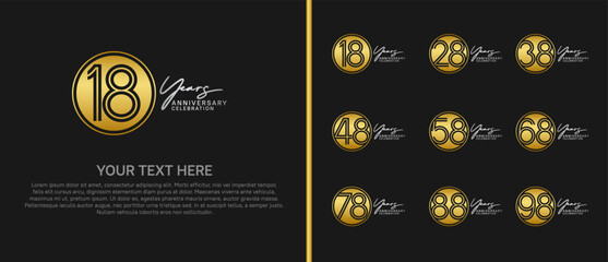anniversary logo set with circle. gold and silver color on black background for celebration moment
