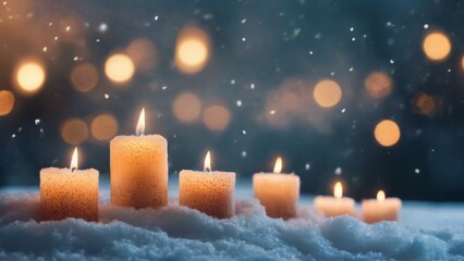Five burning candles in snow creating cozy winter ambiance under night sky with bokeh lights, conveying peace and serenity.