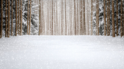 Snowy pine forest clearing with falling snowflakes and serene winter light