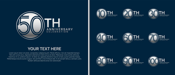 anniversary logo set with circle. silver color on blue background for celebration moment