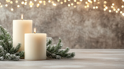 Snowy evergreen candles glowing warmly with soft festive lights