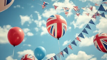 12.A vibrant coronation day design with Union Jack-themed balloons and bunting swirling in the wind, set against a bright blue sky with scattered fluffy clouds and soft sunlight.