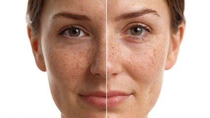 Transformation of Woman's Face: Wrinkled & Freckled to Smooth & Youthful, Before and After Treatment Comparison with Direct Eye Contact.