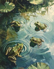Four green frogs in a pond with lily pads and ripples