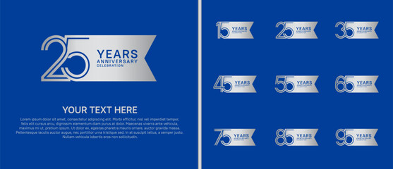 anniversary logo set with ribbon shape. silver color on blue background for celebration moment