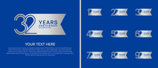anniversary logo set with ribbon shape. silver color on blue background for celebration moment