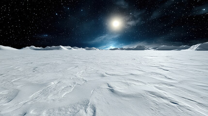 Snow field moonlight night sky serene snowy landscape with distant mountains and stars
