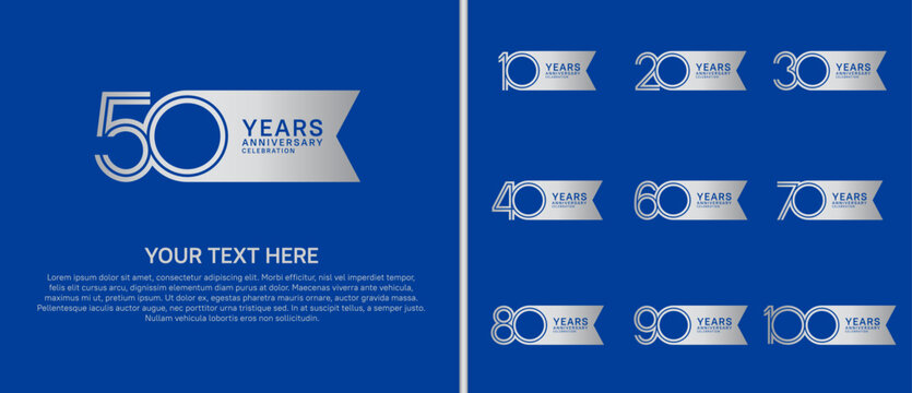 anniversary logo set with ribbon shape. silver color on blue background for celebration moment