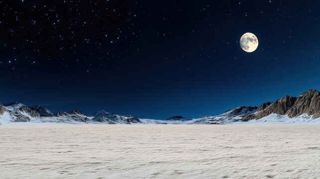 Snow field moonlit night sky calm snowy plain under full moon and stars - Powered by Adobe