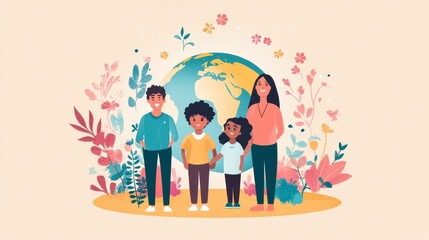 63.A vibrant social media template featuring an illustrated family of different ethnicities standing in a circle, with a colorful globe behind them and soft pastel background tones.