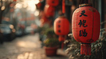 Naklejka premium A vibrant red Chinese lantern hangs prominently on a street, adorned with traditional characters, with a blurred urban background.