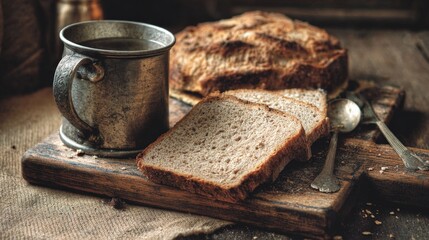 trencher. A wooden trencher with dark bread and a tin cup, cutlery reflecting warm light. menu design, packaging mockups, designed for culinary blogs and recipe cards for restaurants.