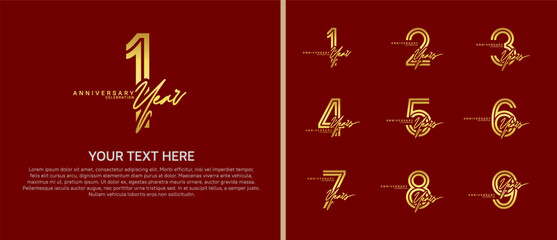 anniversary logo set with handwriting. gold color on red background for celebration moment