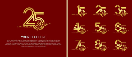 anniversary logo set with handwriting. gold color on red background for celebration moment