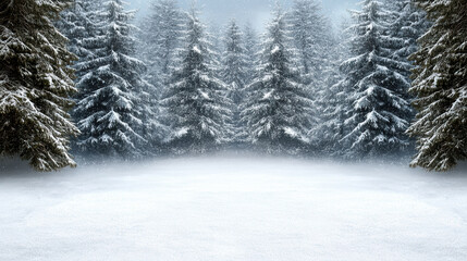 Obraz premium Snow covered pine forest winter scene with falling snow and soft light
