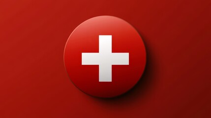 86.Swiss flag designed in a perfect circle, with a bold white cross centered on a vibrant red background, crisp and clean vector design with a subtle shadow effect.