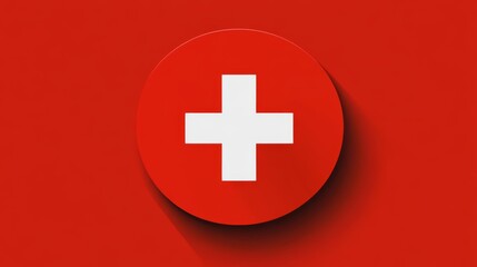 Obraz premium 88.A minimalist vector design of a circular Swiss flag with sharp, clean edges, the white cross perfectly balanced within the circle on a vibrant red background.