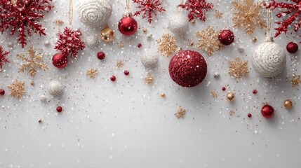 A festive arrangement of red and gold ornaments, snowflakes, and glitter, creating a joyful holiday atmosphere.