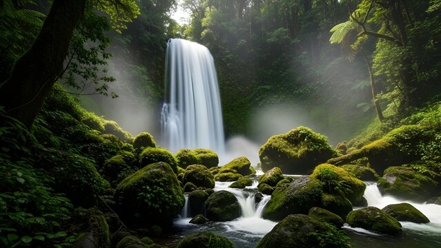 Misty Waterfall Splashing on Mossy Rocks - Powered by Adobe
