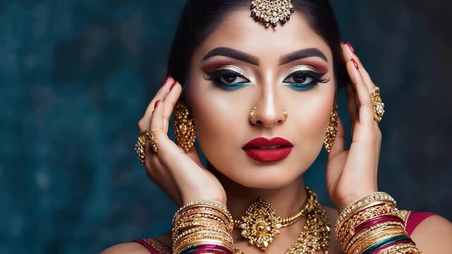 model wearing luxury gold jewelry with attractive makeup.ai  