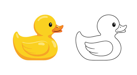 A bright yellow rubber duck for bath time shown in a full color illustration and as a simple black and white outline.