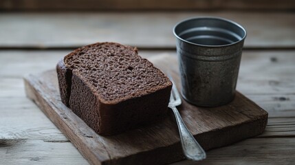 trencher. A wooden trencher with dark bread and a tin cup, cutlery reflecting warm light. menu design, packaging mockups, designed for culinary blogs and recipe cards for restaurants.